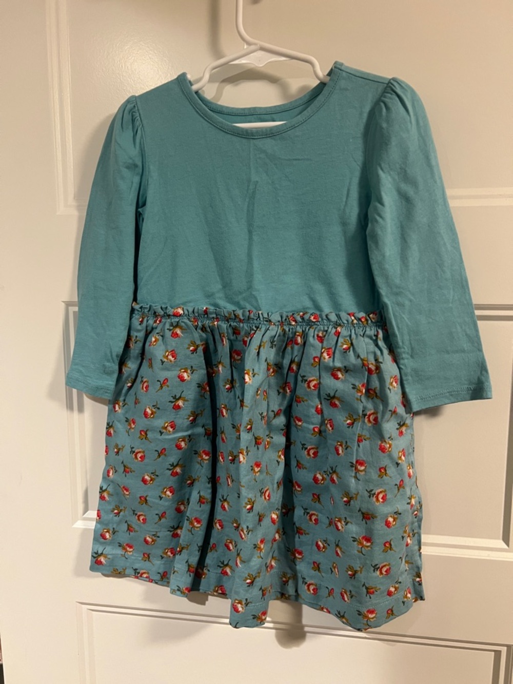 GAP Teal Floral Gathered Waist Long-Sleeve Dress